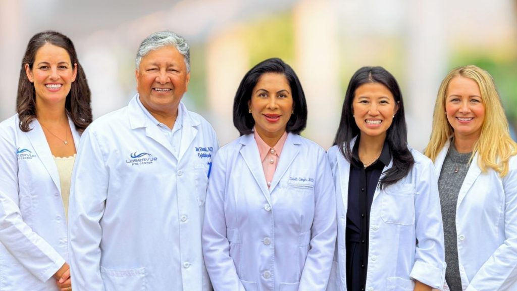 LaserVue Eye Center Doctors, from left to right: Francesca Sefton, OD. Jay Bansal, MD. Swati Singh, MD. Stephanie Wangyu, MD. Hannah Walsh, OD, MSC.