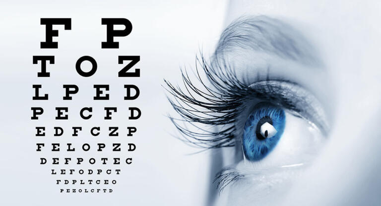 eye chart letters and woman's blue eye with long lashes