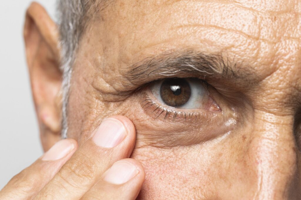 close up old man with brown eyes