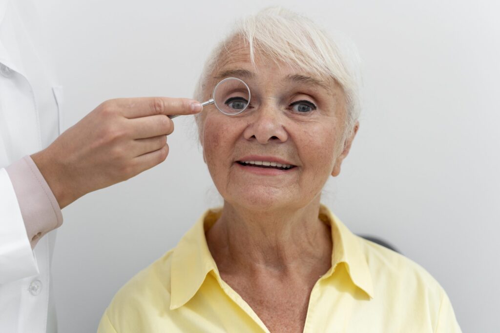 old woman having eye sight check ophthalmology clinic