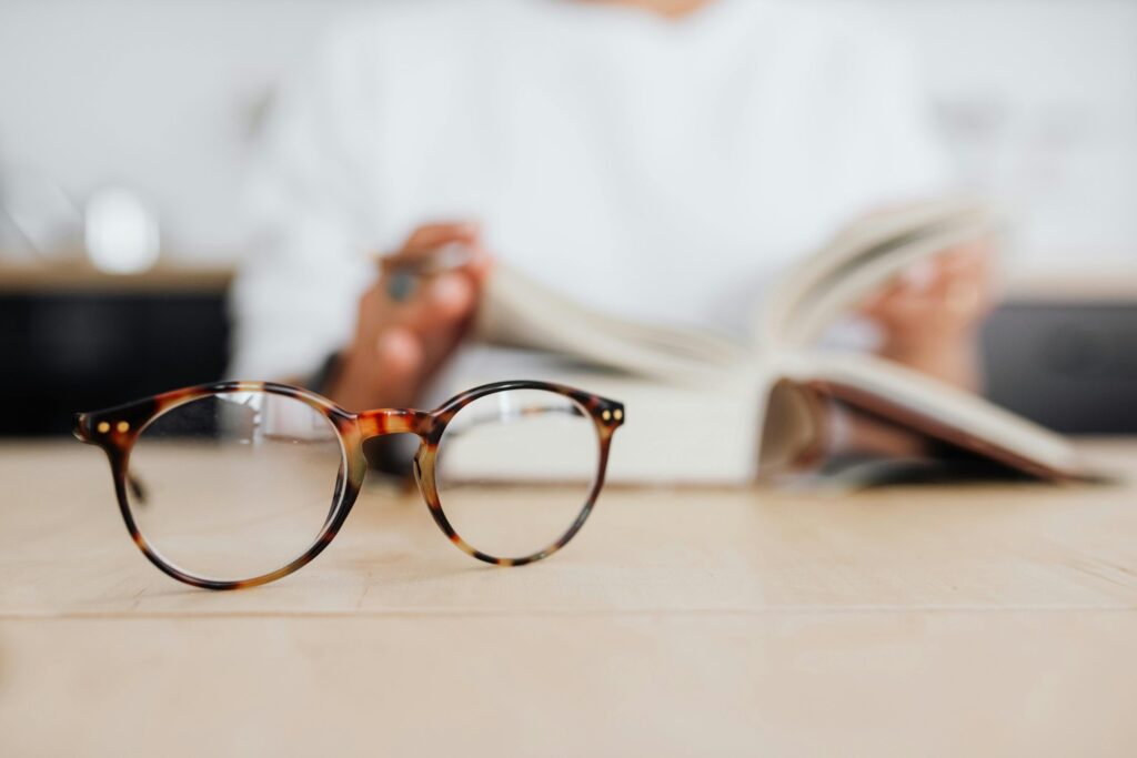 Eyeglasses resting on a table