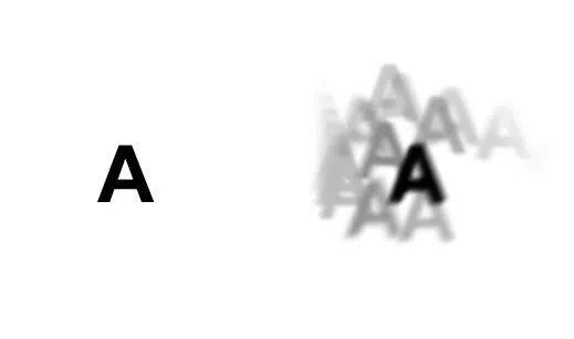 Letter A shown at decreasing sharpness, illustrating blurred vision
