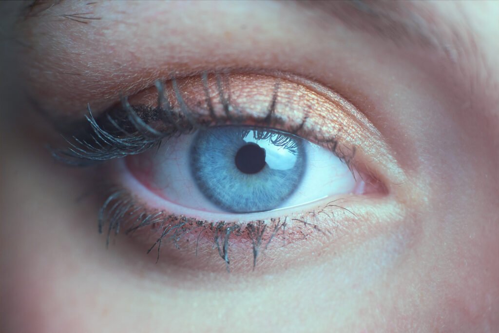 Macro photography of beautiful blue green eye of woman with wing eyeliner