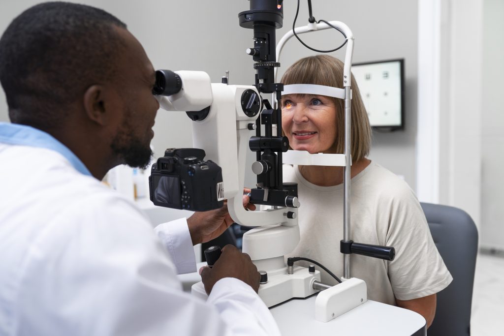 Two eye doctors working together at a slit lamp