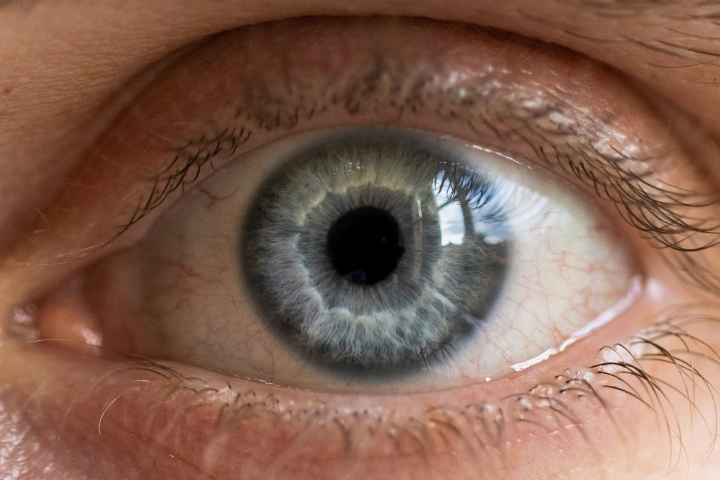 Close-up of a human eye with a gray-blue iris