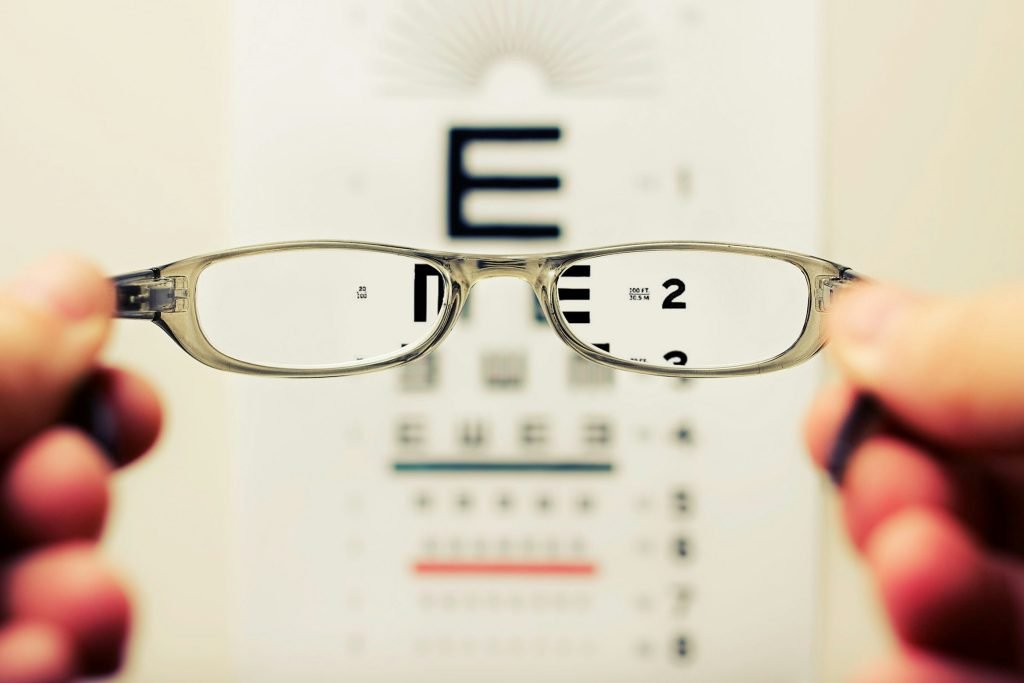Eyeglasses held in front of an eye chart