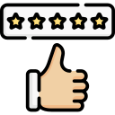 5-star reviewer icon, thumbs up with 5 gold stars
