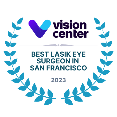 Badge showing LaserVue Eye Center in San Francisco received the award 'Best LASIK Eye Surgeon in San Francisco' in 2023 from Vision Center.