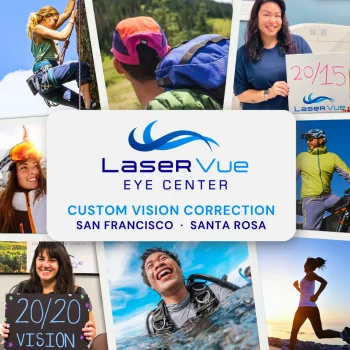 Lifestyle photos of people who have clear vision after LASIK at LaserVue Eye Center. From top left clockwise: Woman smiling while rock climbing. Man looking up a hill while hiking. 20/15 vision testimonial patient who got SMILE at LaserVue. Man looking in the distance while mountain biking. Woman running on the beach at sunset. Man scuba diving coming out of the water and grinning. 20/20 vision LASIK patient at LaserVue. Woman smiling at the sunrise while snowboarding.